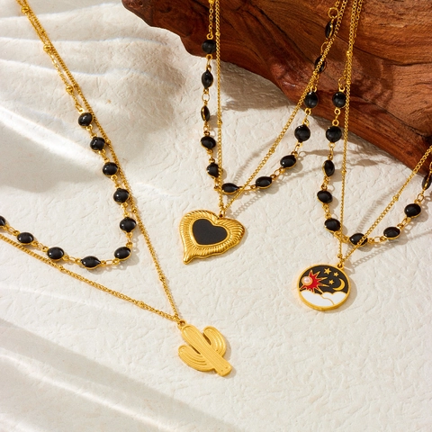 Stainless Steel Double Layer Necklace With Black Beads Heart Cactus Sun Moon Star Pendants Trendy Jewelry For Women