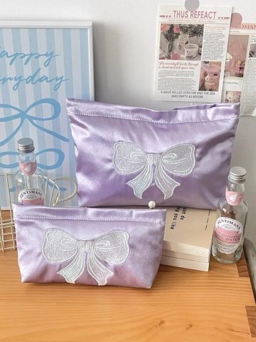 Borsa Per Trucco In Raso Viola Con Ricamo A Fiocco Grande Capacità Organizzatore Cosmetico Da Viaggio Per Donne