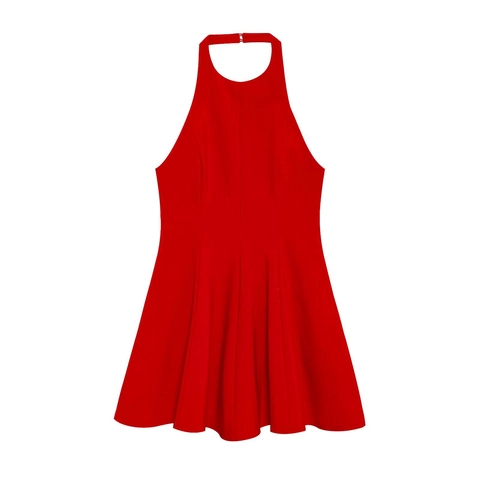 Women Halter Neck Mini Dress Backless Sleeveless Solid Color A-Line Wavy Hem Polyester Summer Party Elegant