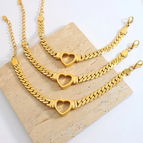 Bracciale in Acciaio al Titanio Placcato Oro Stile Hip Hop Moda Cuore Svuotato Catena Cubana Regolabile Gioielli Braccialetto da Donna