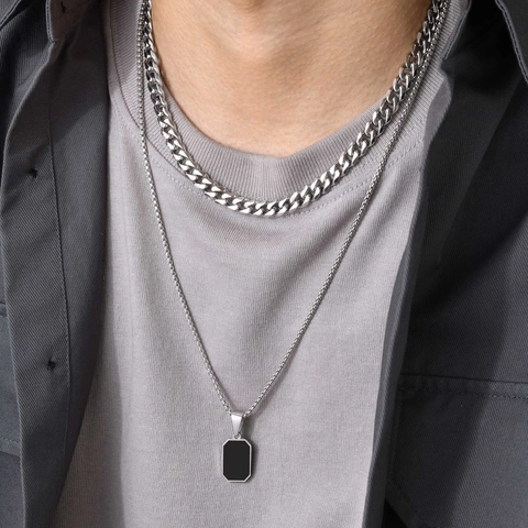 Collar para Hombre Minimalista de Acero Inoxidable con Colgante Rectangular de Esmalte Negro Oro Plata Eslabones Cubanos