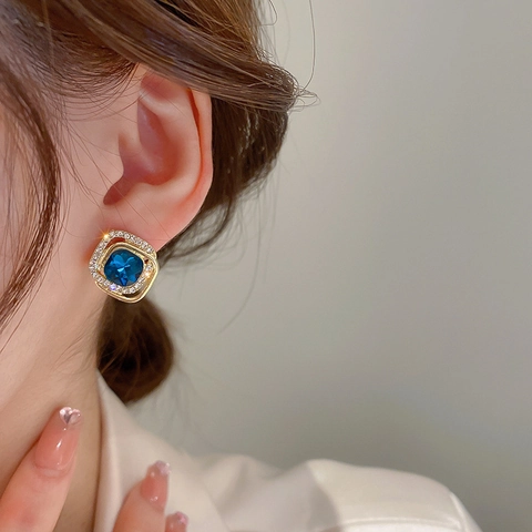 Square Stud Earrings With 925 Sterling Silver Earring Post Alloy Rhinestone Blue Gemstone Vintage Elegant Women Jewelry
