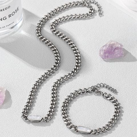 Stainless Steel Cuban Link Necklace Bracelet Set For Men Women Shell Inset Hip Hop Jewelry Titanium Steel Polished Curb Chain Gift