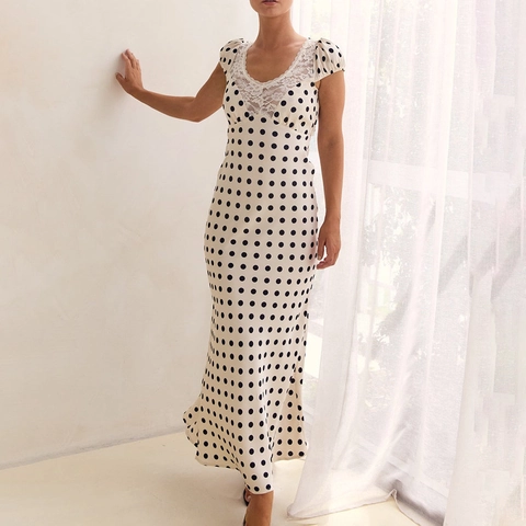Abito Lungo In Raso A Pois Con Finiture In Pizzo Scollo A V Maniche A Sbuffo Schiena Scoperta Elegante Da Donna