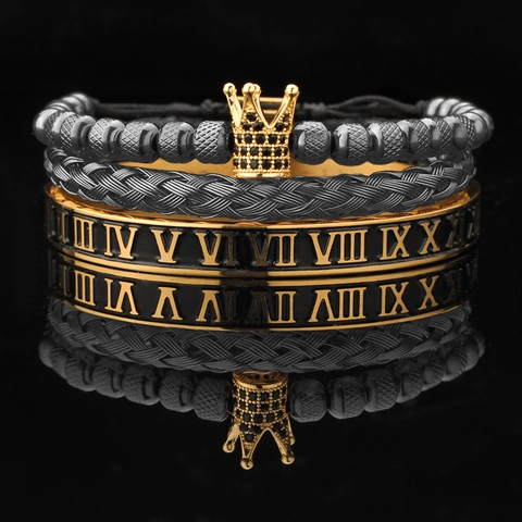 Juego de Pulseras de Acero Inoxidable para Hombre con Corona y Números Romanos Brazalete Trenzado Incrustado con Circonia Joyería Punk Regalo