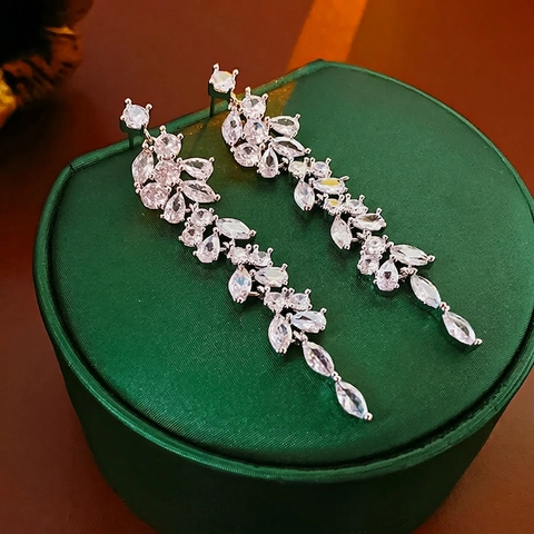 Luxury Long Zirconia Branch Water Drop Dangle Earrings For Women Silver Plated Copper Elegant Tassel Wedding Party Jewelry
