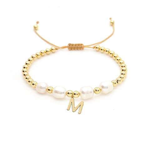 Freshwater Pearl Bracelet With 18K Gold Plated Copper Beads Initial Letter Pendant Adjustable Baroque Jewelry Women