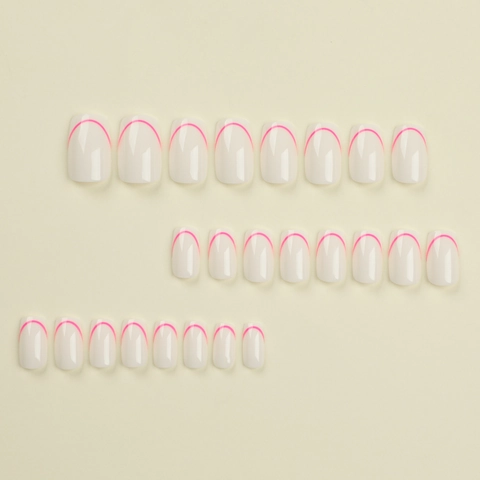 Press On Nails Square Milk White With Neon Pink French Tip Arc Design Glossy ABS Artificial False Nails For Women