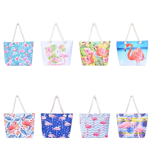 Flamingo Print Canvas Tote Tasche Mit Hanfseilgriff Große Kapazität Strand Schultertasche Für Damen