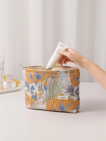 Borsa Trucco Floreale Vintage Francese Tessuto Jacquard Cerniera Organizzatore Da Viaggio Donna Beauty Case Portatrucchi Grande Piccola