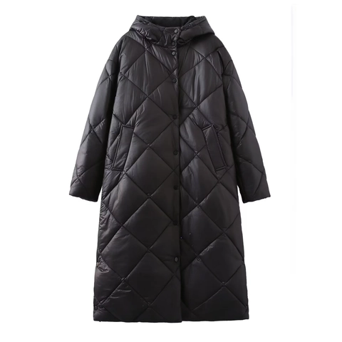 Damen Langer Gesteppter Mantel Mit Kapuze Rautenmuster Druckknopf Wattierte Jacke Winter Warm Draußen Lässig
