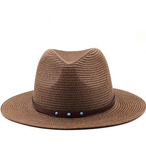 Sombrero Fedora De Paja De Papel Tejido Ala Ancha Protección Solar Verano Playa Panamá Jazz Con Cinturón De Cuero De Cuentas Turquesas