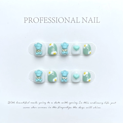 Press On Nails Short Round 3D Cartoon Blue Bear Heart Daisy Mint Green For Kids Girls Students