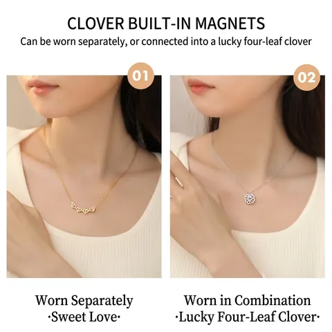 Folding Magnetic Four Leaf Clover Heart Necklace Stainless Steel Copper Zircon Rhinestone Women Fashion Jewelry Gift