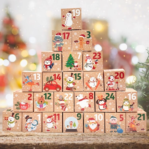 Calendario dell'Avvento di Natale Set di Scatole per Caramelle in Cartoncino Bianco Confezioni Regalo Babbo Natale Pupazzo di Neve