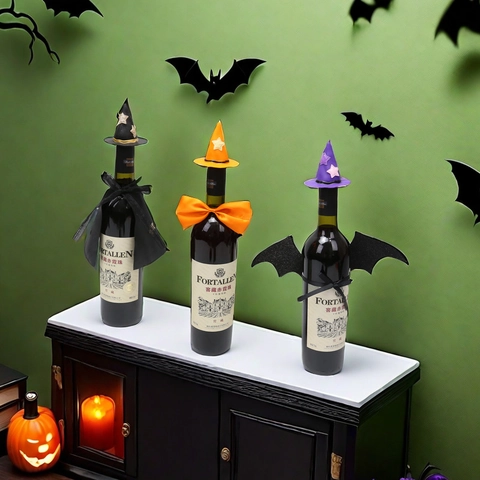 Halloween Wine Bottle Decoration Witch Hat Cloak Bat Wings Fabric PVC For Holiday Party Table Setting Decor