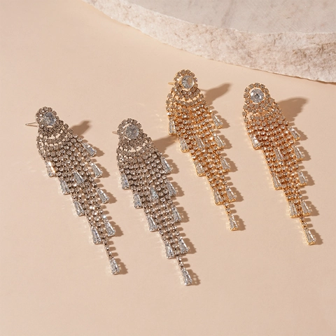 Long Tassel Drop Earrings Geometric Zircon Rhinestone Copper With Silver Earring Post Elegant Luxury Jewelry For Women