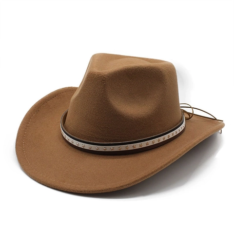 Western Cowboy Hat Woolen Felt Wide Brim Retro Ethnic Style With Star Decoration Band Fedora For Men Women