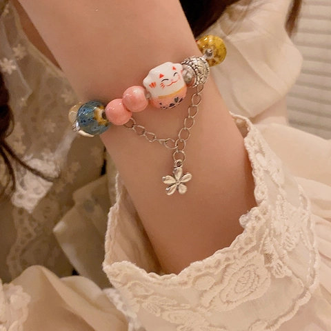 Glückskatze Keramik Perlenarmband Bunte Legierung Blume Herz Anhänger Elastischer Schmuck Für Frauen Mädchen Süßer Stil