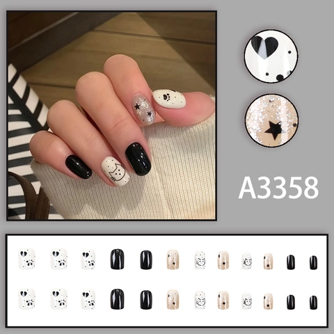 Press On Nails Cat Pattern Star Design Black White Silver Glitter Short Square Round DIY Manicure Fashionable Cute
