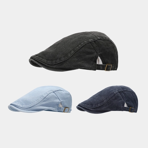 Casquette Plate En Coton Lavé Denim Rétro Britannique Distressed Boucle Métallique Réglable Casual Streetwear Unisexe