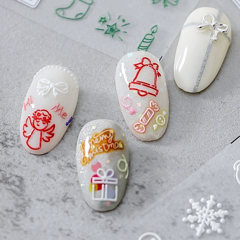 Christmas Nail Stickers 5D Embossed Relief Self Adhesive Winter Holiday Snowflake Reindeer Angel Manicure Decoration