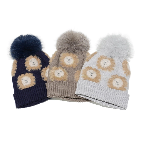 Kids Knitted Beanie Hat Acrylic Warm Winter Lion Animal Pattern Large Pom Pom Cute Outdoor For Boys Girls