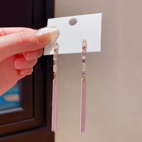 Elegant Long Tassel Chain Earrings With Zircon And 925 Sterling Silver Earring Post For Women Fashion Jewelry