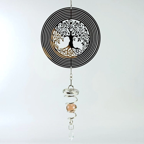 Roestvrijstalen Roterende Windgong Levensboom Hangende Decoratie Met Kristallen Hanger Tuin Windgong