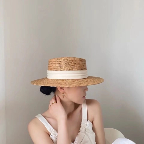 Women Boater Hat Woven Straw Flat Top Wide Brim Sun Protection Beach Vacation Ribbon Decor Elegant Summer