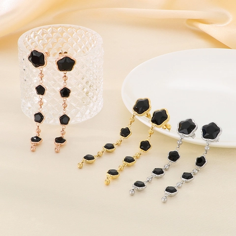 Long Drop Earrings Stainless Steel With Black Glass Clover Star Petal Elegant Tassel Jewelry For Women