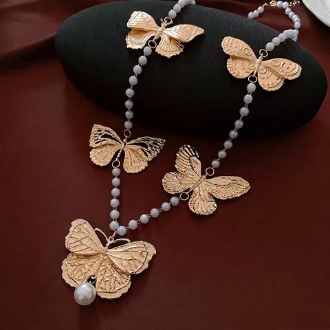 Collana Con Ciondolo A Farfalla Retrò Lega Tono Oro Perla Artificial Di Imitazione Catena Lunga Per Donna Elegante Stile INS