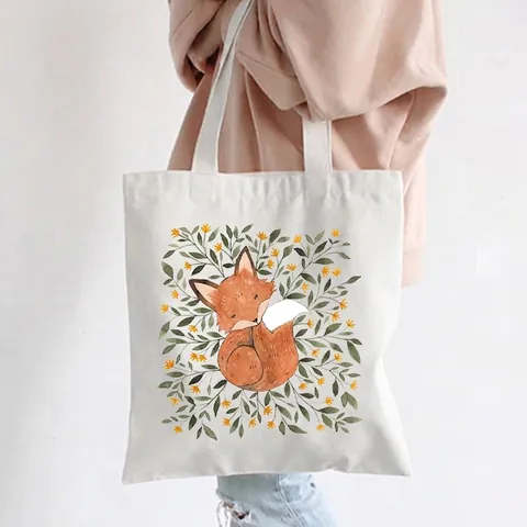Fox Print Canvas Tote Bag Large Capacity Reusable Grocery Shopper Handbag With Hand Drawn Animal Illustration For Women