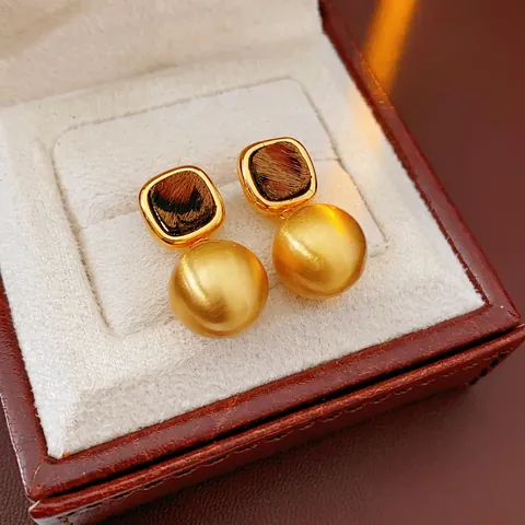French Retro Drop Earrings Brushed Matte Copper With Leopard Print Square Top Round Ball Silver Earring Post For Women