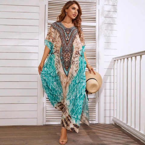 Bohemian Print Kaftan Maxi Kleid V-Ausschnitt Fledermausärmel Lose Schnelltrocknend Strand Cover-Up Damen Resort Wear