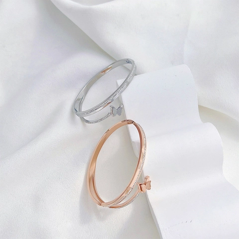 Brazalete Abierto De Mariposa De Acero Inoxidable Con Diamantes De Imitación Joyería Elegante De Doble Capa Para Mujer