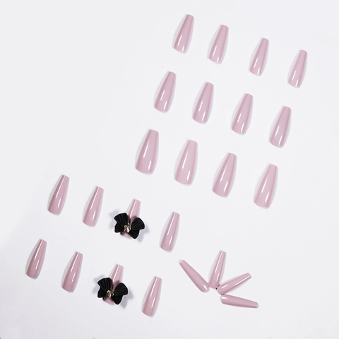 Long Coffin Press On Nails Taro Purple Glossy High Shine Artificial Nails With 3D Black Bow Knot Sweet Style