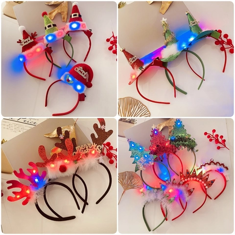 Cerchietti Natalizi Con Luci LED Corna Di Renna Mini Cappello Babbo Natale Albero Con Paillettes Accessori Capelli Festa