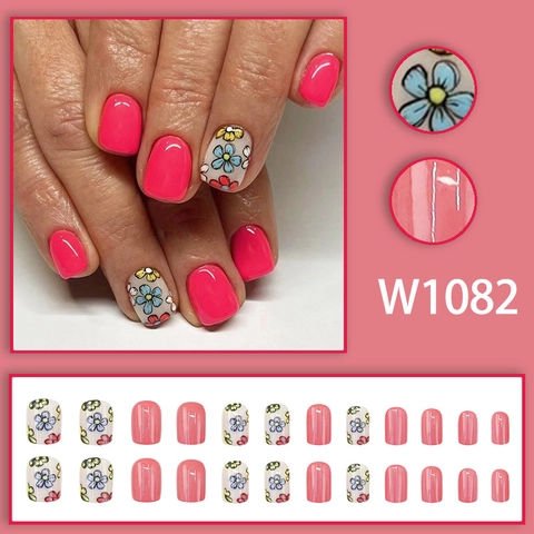 Aufpressnägel Glänzende Künstliche Nägel Retro Blumenmuster Rosa Weiß Schick Täglich Maniküre Damen Mädchen