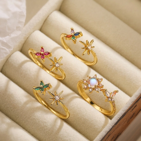 Flower Butterfly Star Open Ring Copper 18K Gold Plated Zircon Adjustable Jewelry For Women