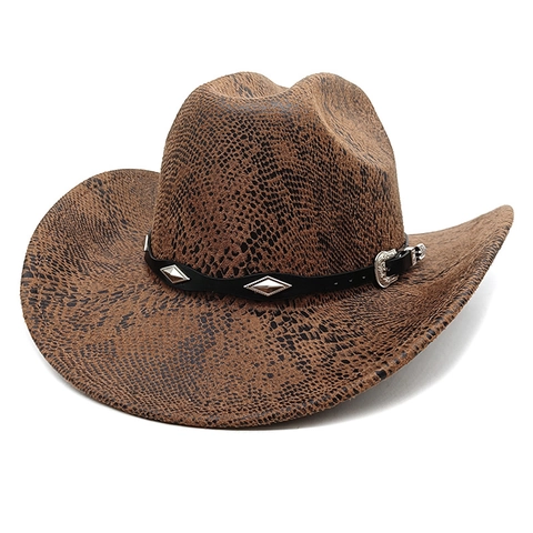 Cappello Da Cowboy Western Retrò Motivo Serpente Ecopelle Tesa Larga Vintage Jazz Fedora Con Cintura Decorata Con Borchie