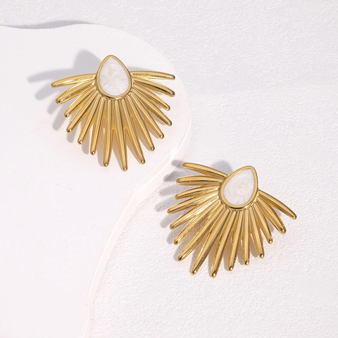 Fan Shaped Stud Earrings Stainless Steel 18K Gold Plated Drip Oil Enamel Sunburst Geometric Fashion Jewelry For Women