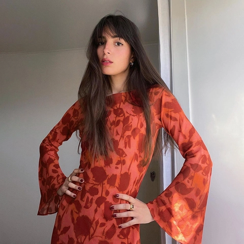 Women Autumn Floral Print Round Neck Flare Long Sleeve Slim Fit Maxi Dress Elegant Polyester Blend