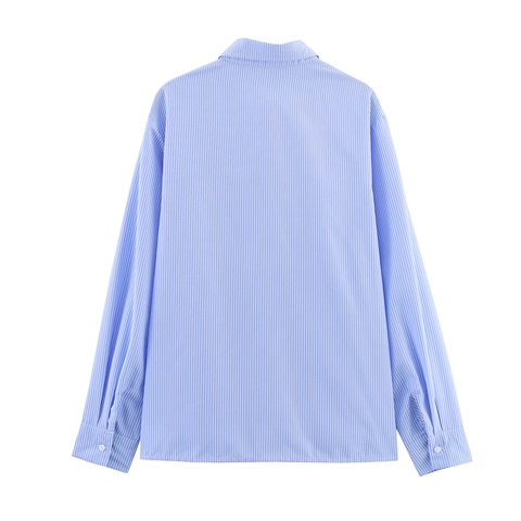 Damen Gestreiftes Langarmhemd Revers Knopfleiste Taille Plissiert Büro Bluse Polyesterfaser Lässige Schicke Elegante Oberteile