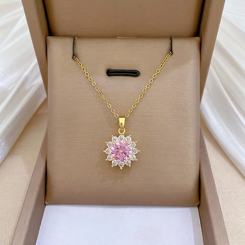 Sunflower Pendant Necklace With Pink Zircon Gold Plated Titanium Steel Chain Flower Jewelry For Women Elegant Sweet