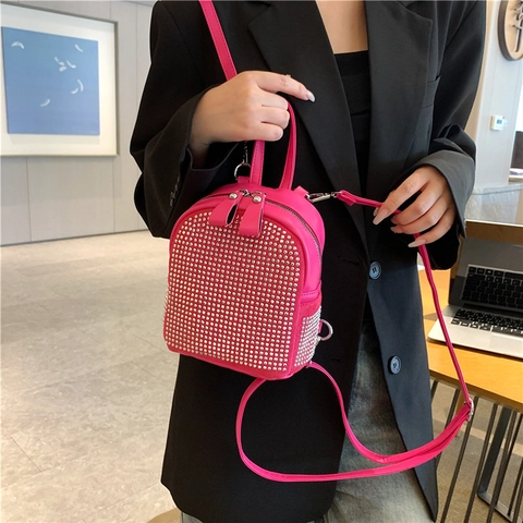 Mini Zaino Da Donna Pelle PU Borchia In Strass Argentati Chiusura A Cerniera Moda Viaggio Borsa Per La Scuola Ragazze Casual