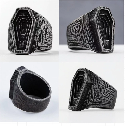 Gothische Doodskist Ring Roestvrij Staal Verouderd Retro Punk Sieraden Voor Heren Dames Donkere Stijl Getextureerde Band