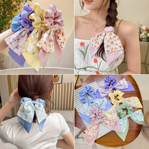 Chouchou Noeud Floral Français Avec Ruban À Longues Bandes Élastique À Cheveux En Tissu Pour Femme Style Pastoral Doux