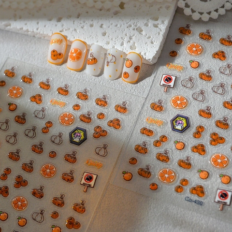 Stickers Nail Art Relief 5D Motifs Fruits Orange Fraise Auto Adhésifs Imperméables Décor Manucure