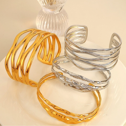 Stainless Steel Open Cuff Bracelet For Women Hollow Wave Ginkgo Leaf Star Pattern Gold Plated Adjustable Fashion Jewelry
